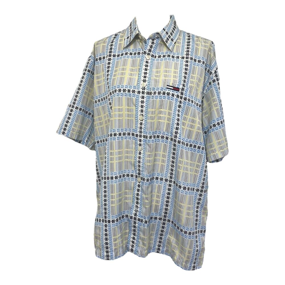 Tommy Jeans Button Shirt Mens Large Multicolor All Over Print Vintage 2002 Y2K